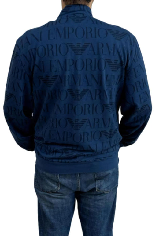 Men's All Over Logo Print Funnel Neck, Blue