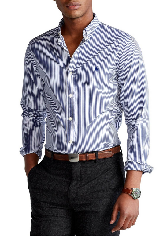 Men's slim-fit shirt in stretch cotton white and navy striped