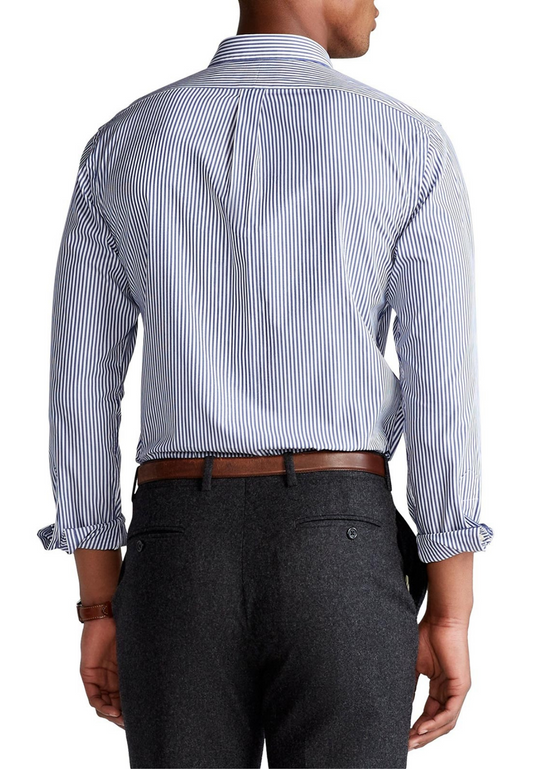 Men's slim-fit shirt in stretch cotton white and navy striped